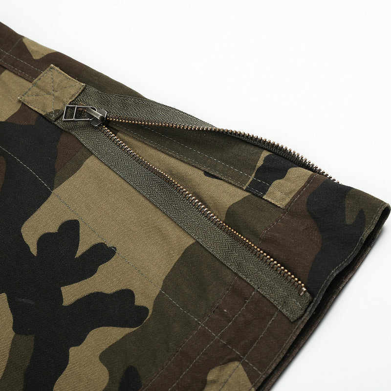 Camo Cargo Pants Wide-Leg Multi-Pocket Zip-Hem Trousers