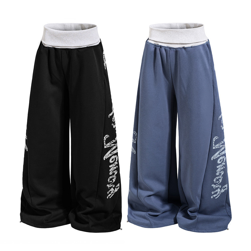 Men's Wide-Leg Sweatpants with Letter Print & Contrast Ribbed Waistband