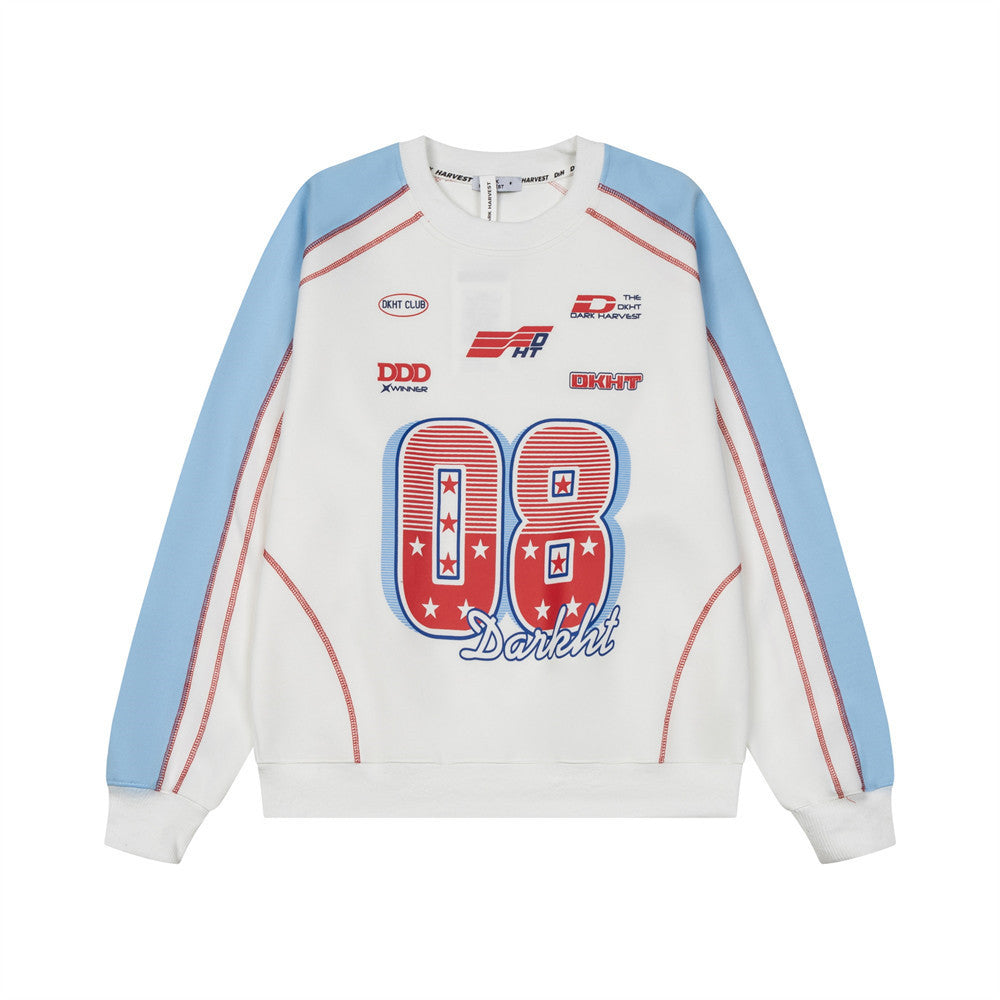 Darkht 08 Racing Graphic Colorblock Crewneck Sweatshirt – White & Sky Blue