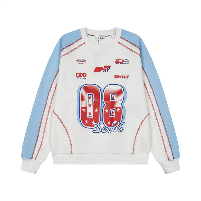Darkht 08 Racing Graphic Colorblock Crewneck Sweatshirt – White & Sky Blue
