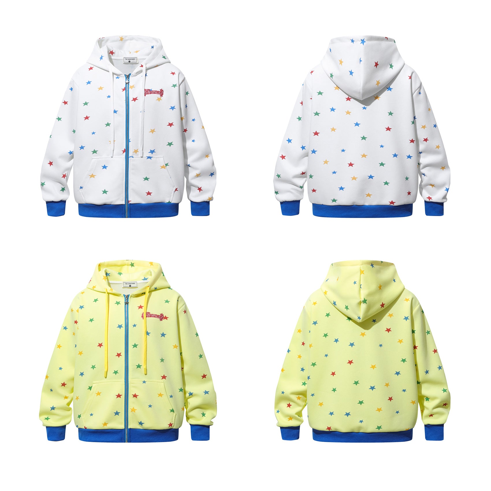Hoodie mit Allover-Regenbogen-Sternenprint, Reißverschluss und kontrastierenden blauen Details