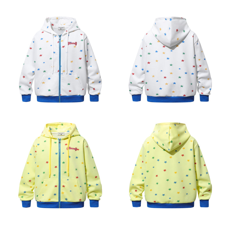 Hoodie mit Allover-Regenbogen-Sternenprint, Reißverschluss und kontrastierenden blauen Details