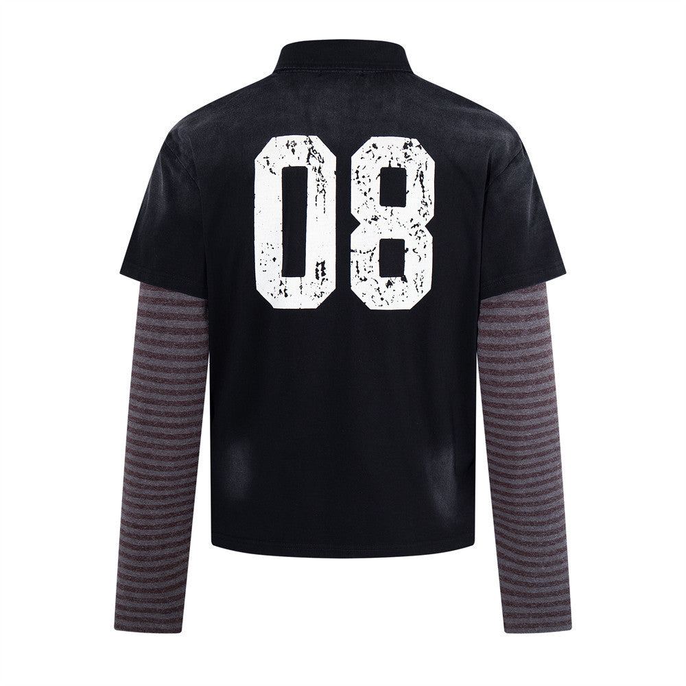 Men's Faux Two-Piece Polo Shirt with Striped Long Sleeves and Distressed Print