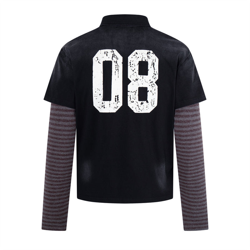 Men's Faux Two-Piece Polo Shirt with Striped Long Sleeves and Distressed Print