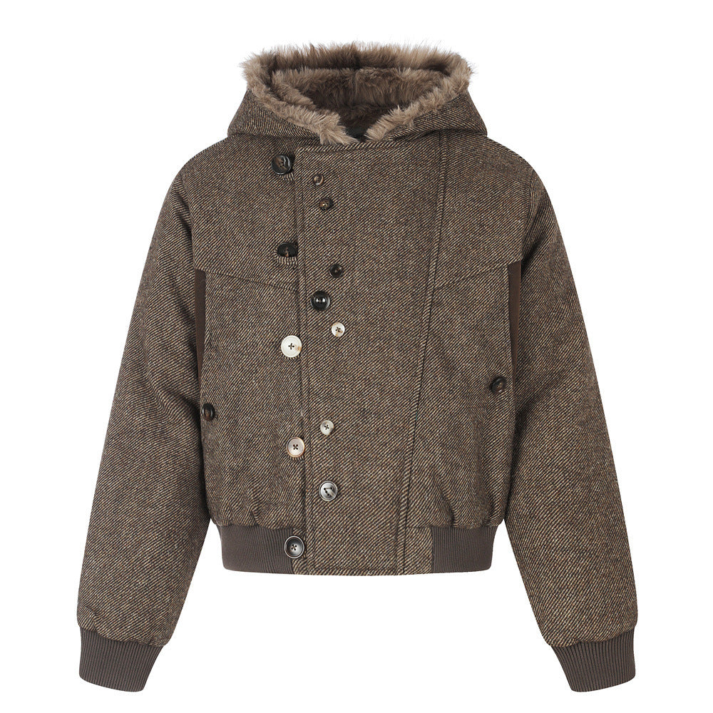 Fur-Trim Hooded Wool-Blend Bomber Jacket with Asymmetric Button Placket