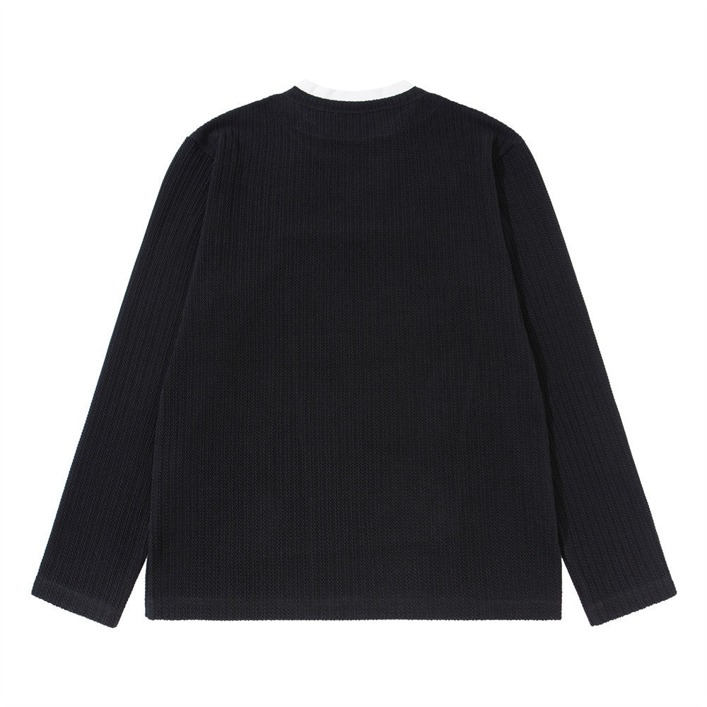 Men's Striped Long Sleeve Shirt – Ribbed Texture Faux-Layered Henley Top