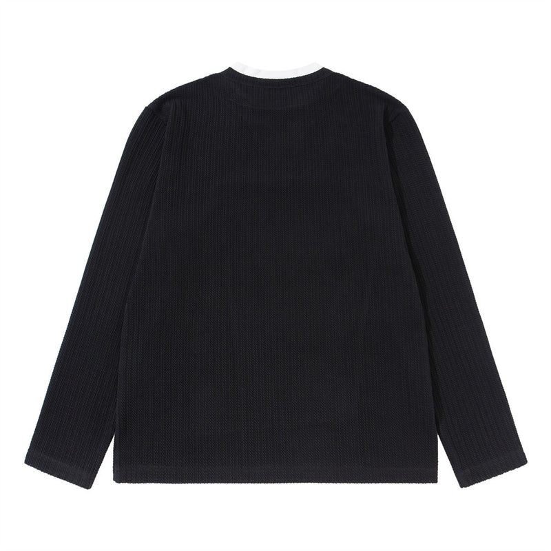 Men's Striped Long Sleeve Shirt – Ribbed Texture Faux-Layered Henley Top