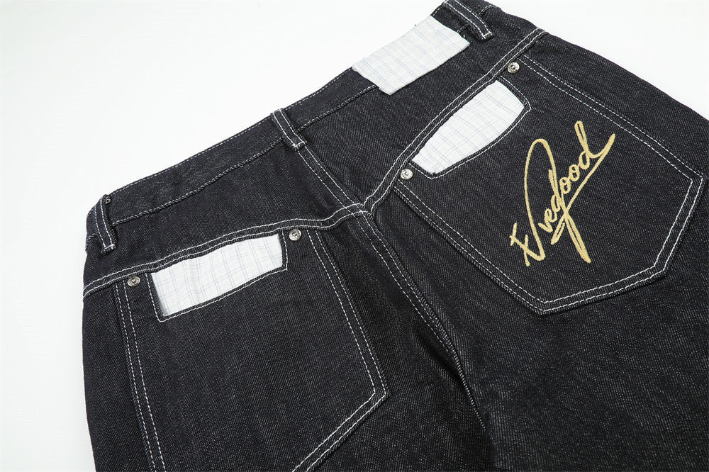Herren Straight-Fit-Jeans – Wide-Leg-Rohdenim mit diagonalem Knopfverschluss und Karomuster
