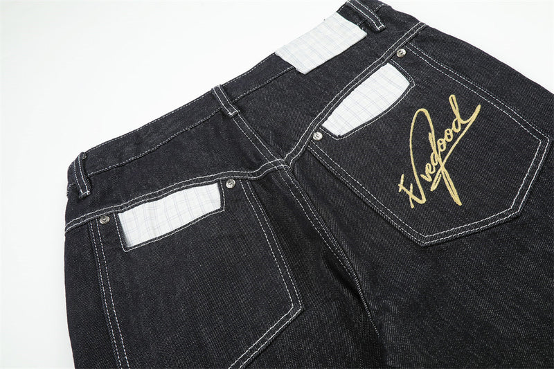Herren Straight-Fit-Jeans – Wide-Leg-Rohdenim mit diagonalem Knopfverschluss und Karomuster