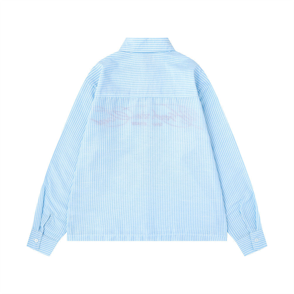 Striped Long-Sleeve Shirt with Cursive Logo Embroidery — Oversized Fit