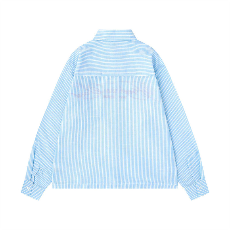 Striped Long-Sleeve Shirt with Cursive Logo Embroidery — Oversized Fit