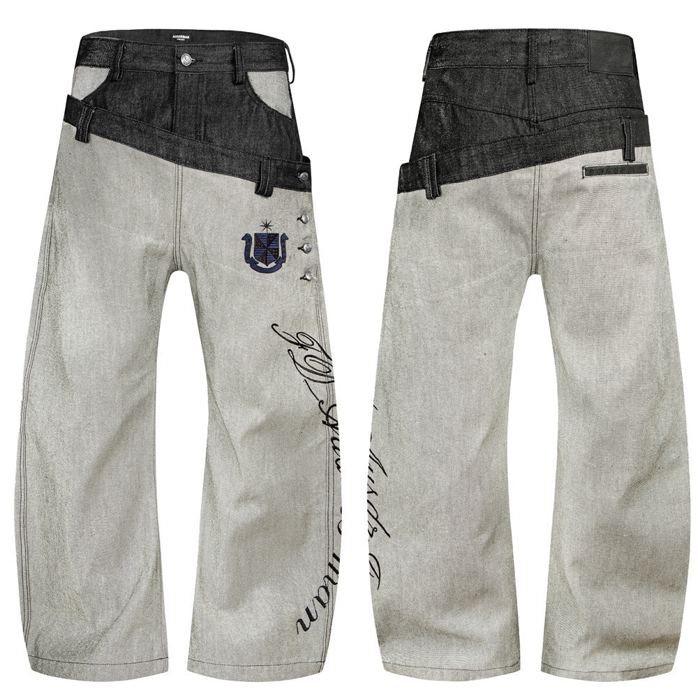 Jean en denim brut à double ceinture et jambes larges – Colorblock diagonal et broderie