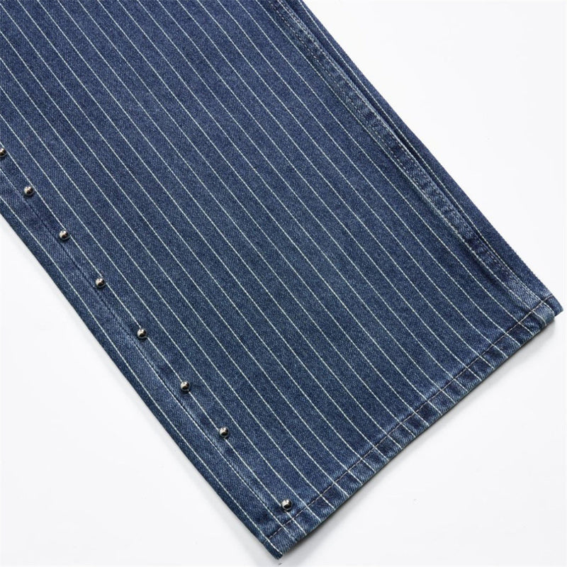 Men's Blue and White Striped Pants Wide-Leg Jeans with Rivet Side Detail