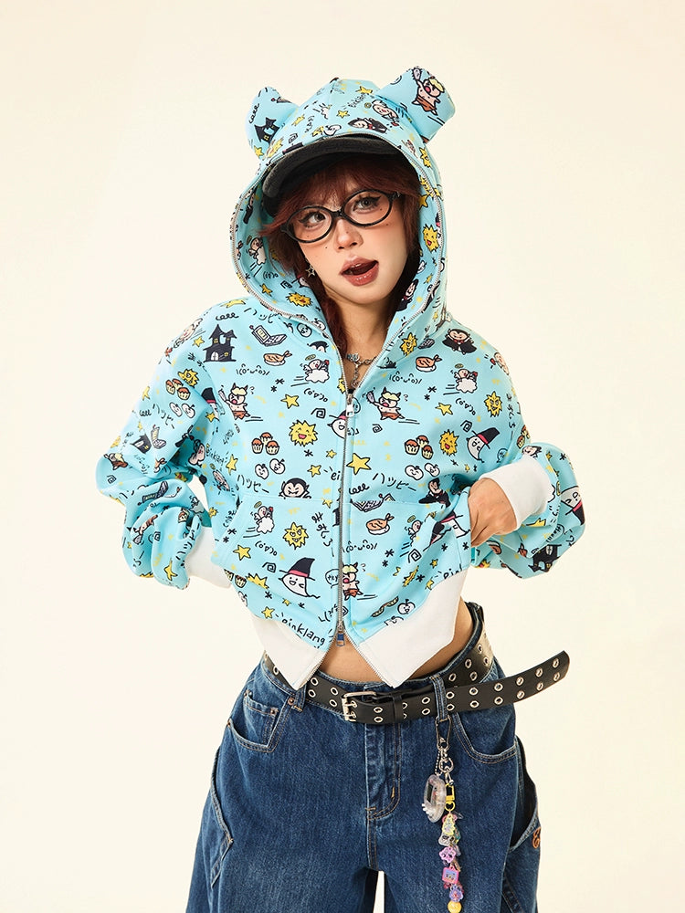 Kawaii Cartoon Bear Hoodie – Cute Full-Zip Hoodie with Adorable Ears &amp; Fun Cartoon Print