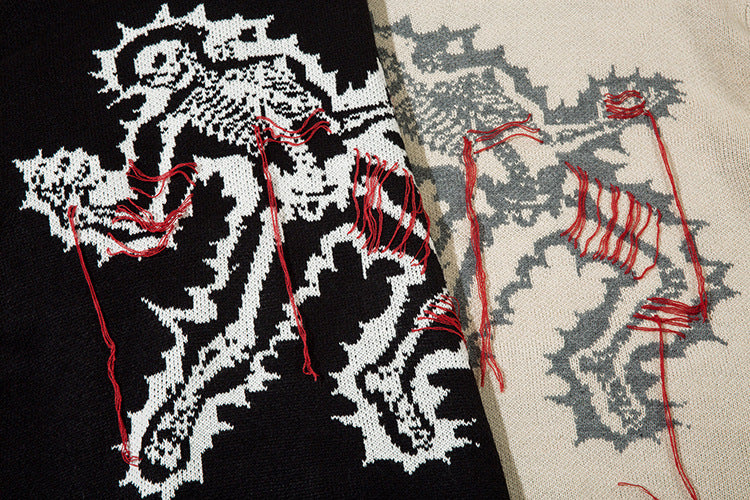 Skeleton Graphic Distressed Knit Sweater – Dark American Streetwear Crew Neck