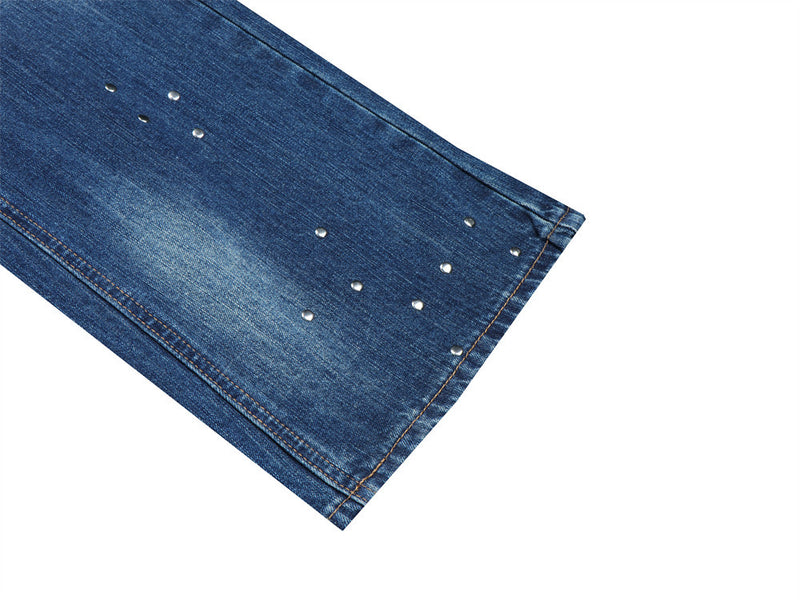 Herren-Bootcut-Jeans im Distressed-Look mit Nieten – Dunkelblauer Flare-Denim mit Karomuster