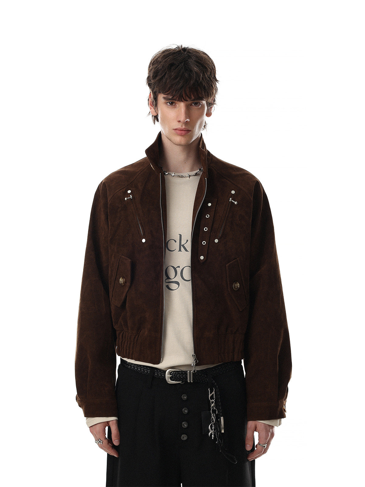 Blouson bomber court en suédine avec éléments métalliques – Style streetwear punk