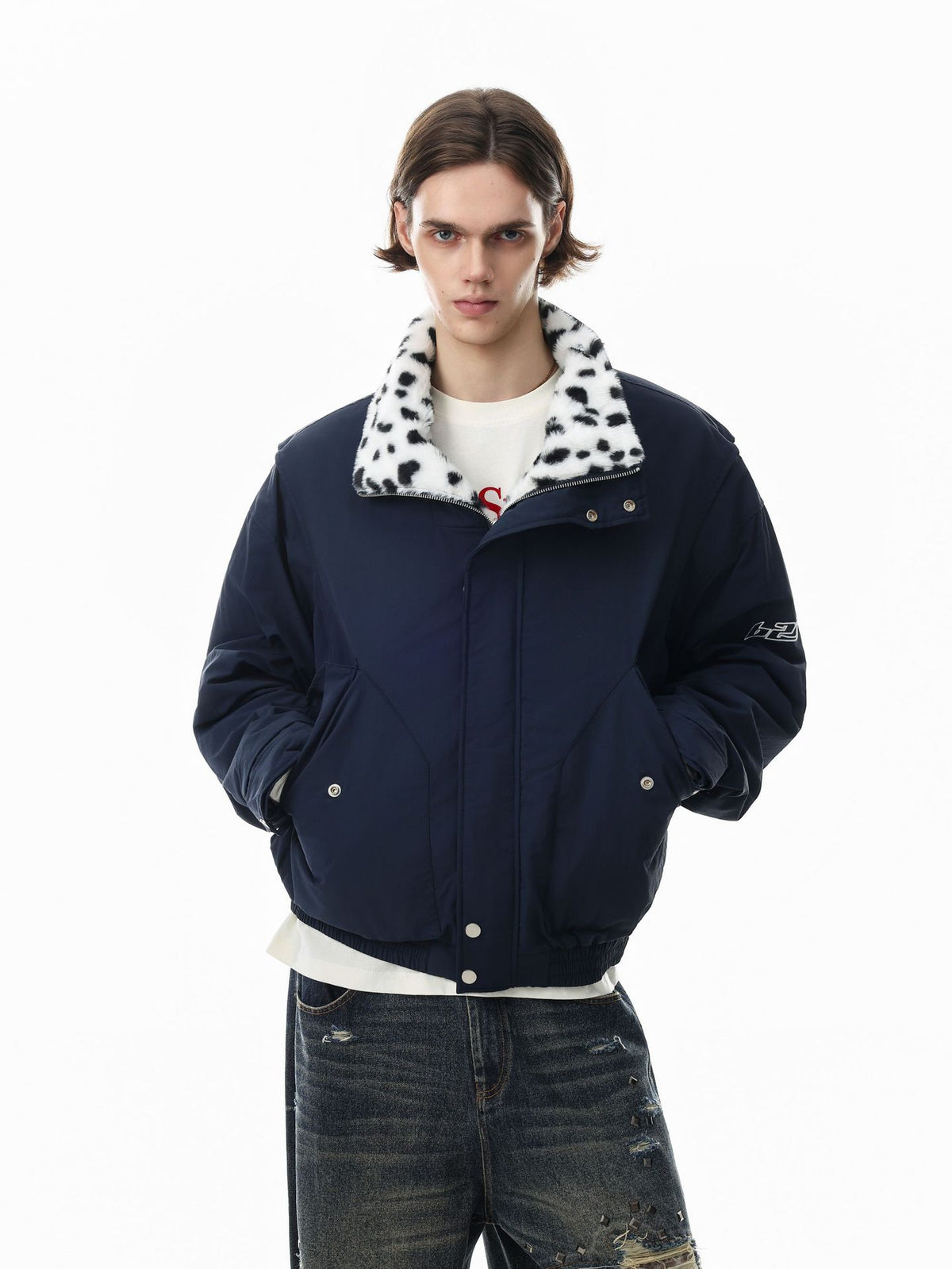 Reversible Dalmatian Faux Fur Bomber Jacket – Two-Way Wear Padded Coat