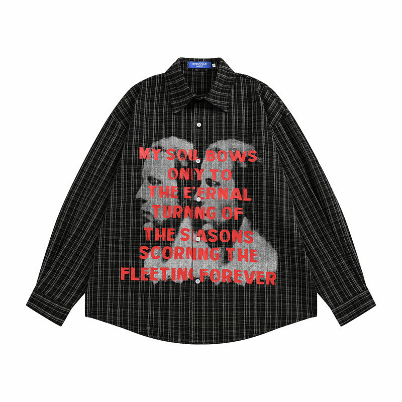 Oversized plaid long sleeve shirt with portrait graphic and red text print in black colorway, front view