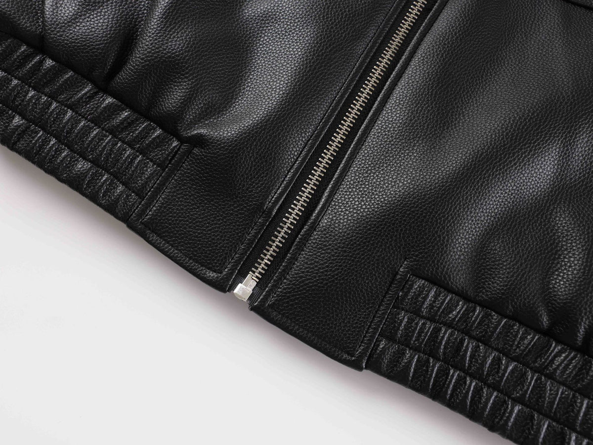 Black Leather Bomber Jacket with Fur Collar & Multi-Pocket Design