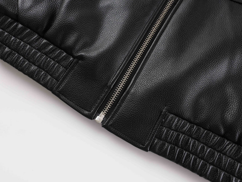 Black Leather Bomber Jacket with Fur Collar & Multi-Pocket Design