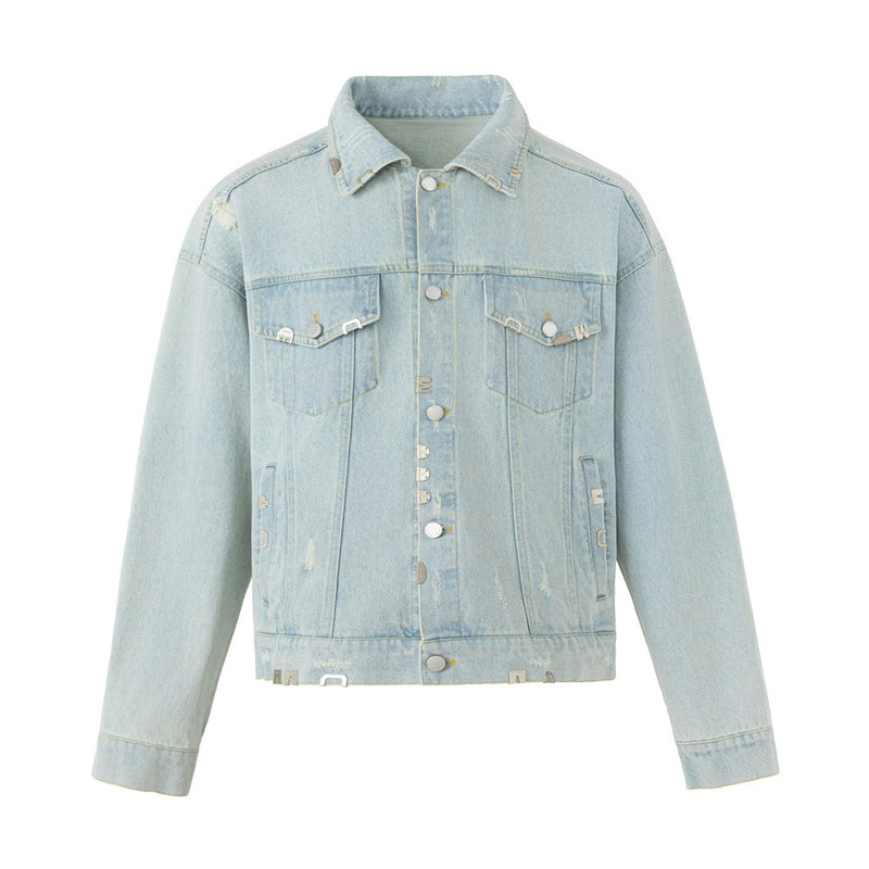 Front view of a light wash distressed denim jacket with pointed collar, dual chest pockets, and metal hardware
