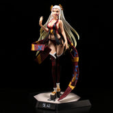 The Daki Demon Slayer Figure, a 28CM PVC collectible by Demon Slayer, showcases a white-haired female in a striking red and black outfit on a black base. Her long hair, detailed clothing, and animated expression are enhanced by an elaborate decorative tail-like accessory.