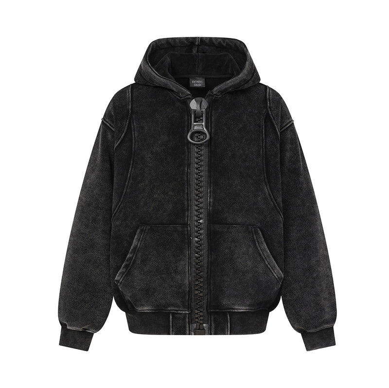 Oversized Acid Wash Zip-Up Hoodie – Heavyweight Fleece-Lined Men's Hooded Jacket