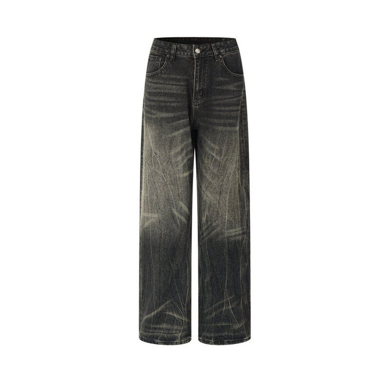 Baggy Straight Leg Jeans – Men's Vintage Washed Distressed Black Wide-Leg Denim