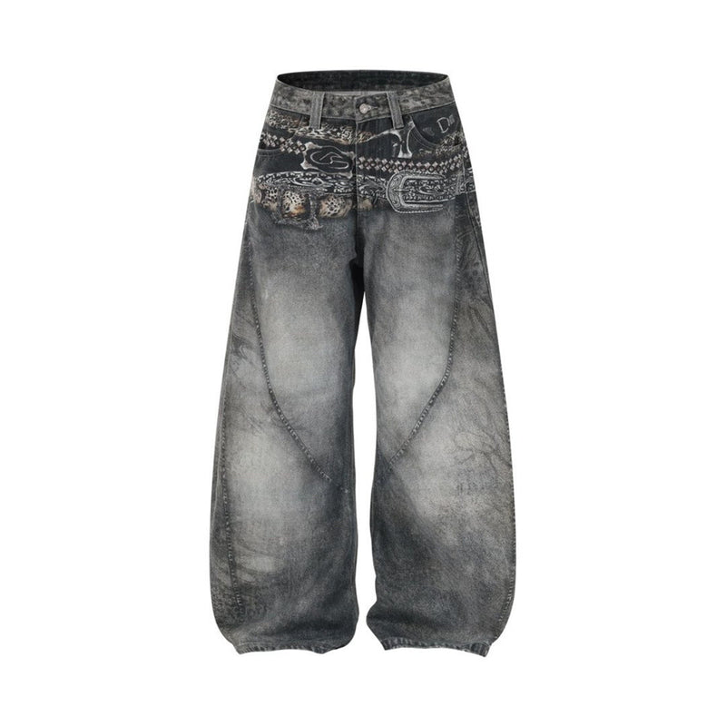 Baggy Wide-Leg Jeans – Paisley Graphic Waistband, Acid-Washed Grey Denim