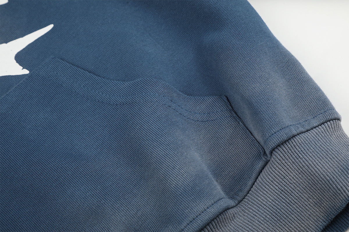 Sudadera Lavada con Cremallera y Estampado de Estrellas — Streetwear Vintage Azul Extragrande