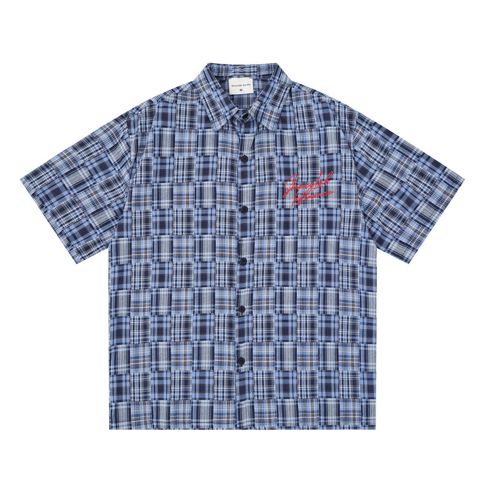 Short Sleeve Shirt Men Patchwork Madras Plaid Oversized Button-Up