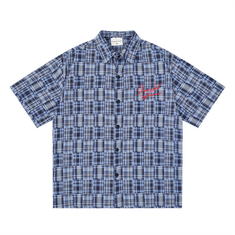 Short Sleeve Shirt Men Patchwork Madras Plaid Oversized Button-Up