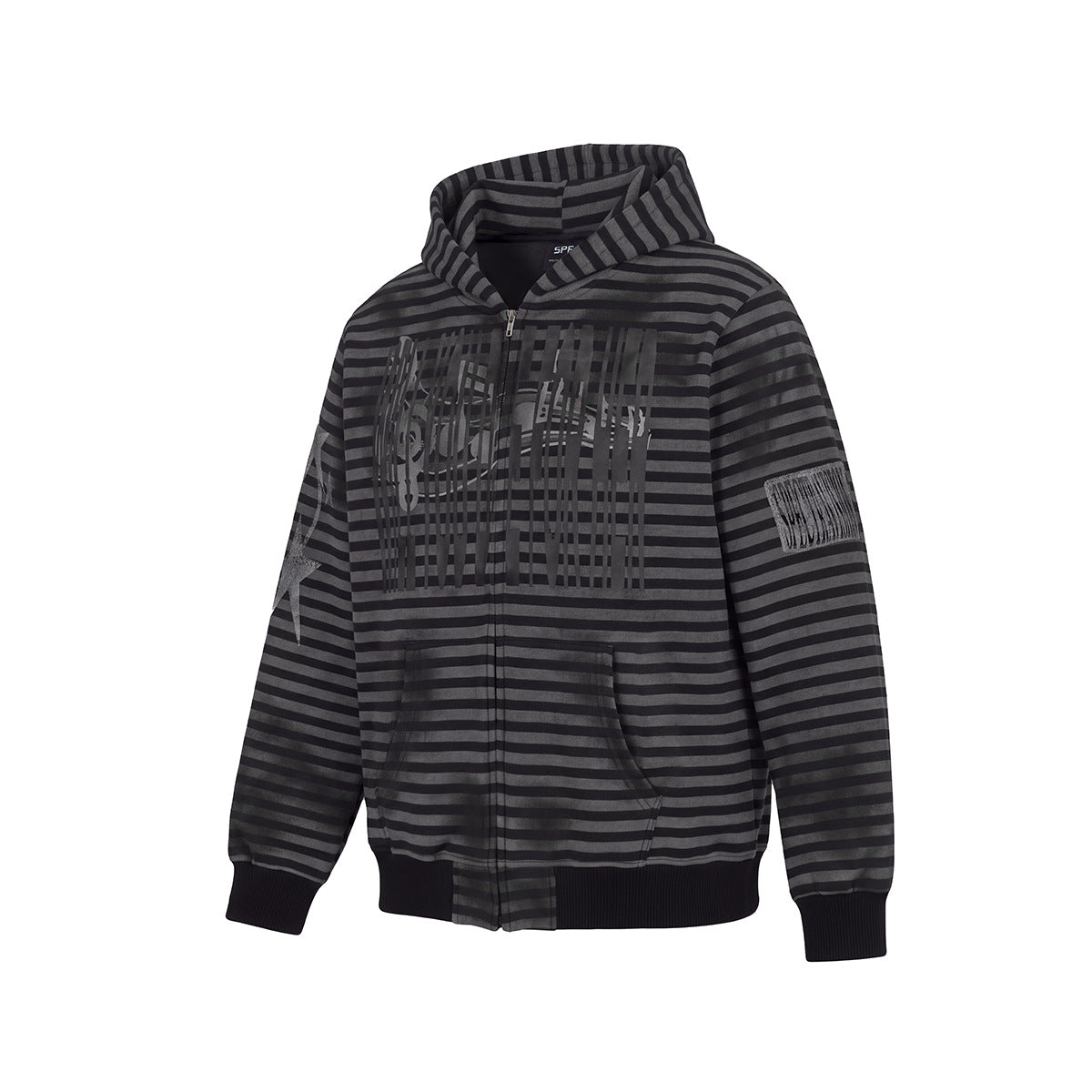 Striped Zip-Up Hoodie – Distressed Dark Streetwear with Music Graphic Print