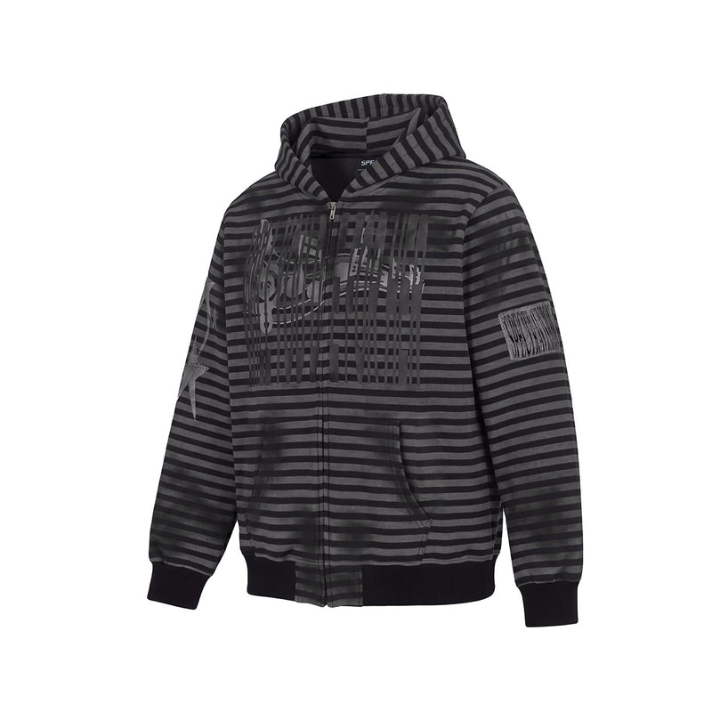 Striped Zip-Up Hoodie – Distressed Dark Streetwear with Music Graphic Print