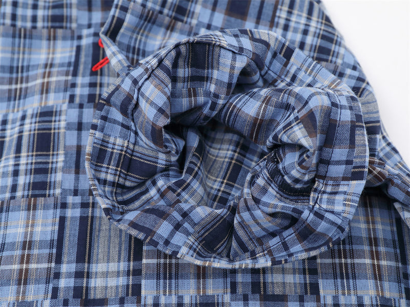 Short Sleeve Shirt Men Patchwork Madras Plaid Oversized Button-Up