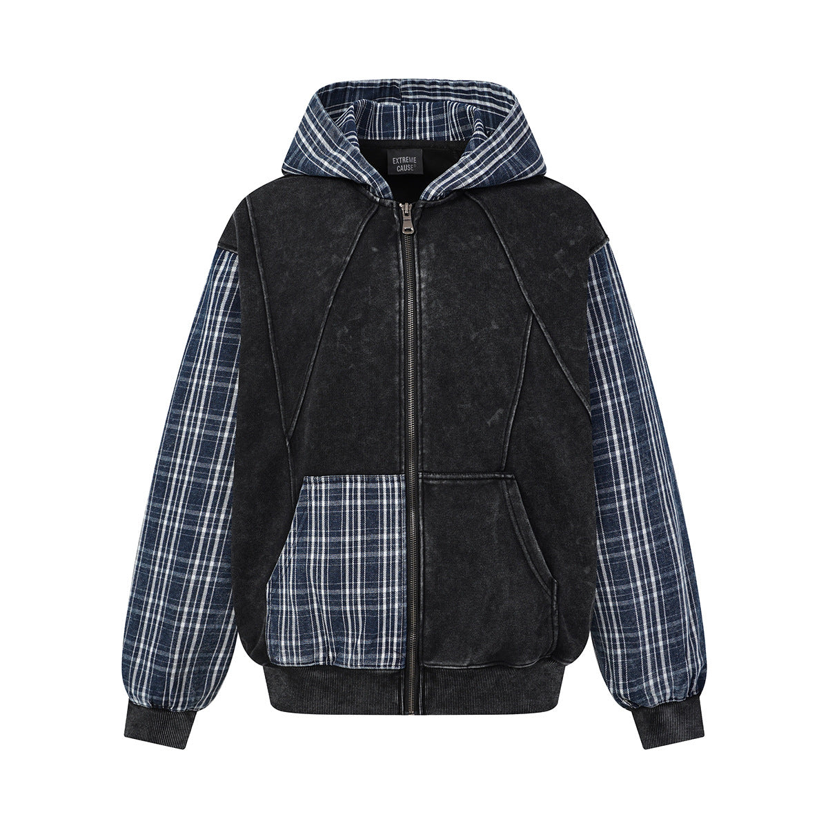 Sudadera con capucha y cremallera de patchwork de cuadros — Chaqueta extragrande de felpa y franela lavadas