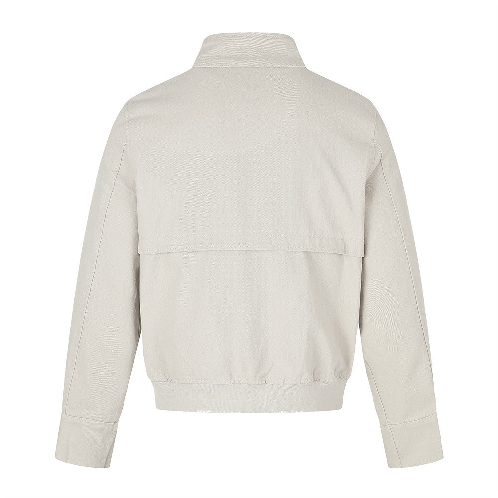 Men's Military-Inspired Short Jacket with Stand Collar, Buckle Straps & Button