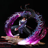 The 29cm Premium PVC Tsugikuni Yoriichi Figure by Seakoff features the iconic Demon Slayer character in a crouching pose, wielding a sword amidst swirling purple and blue flame effects. This high-quality anime collectible stands on a rocky base with detailed red text overlaying its vivid display.