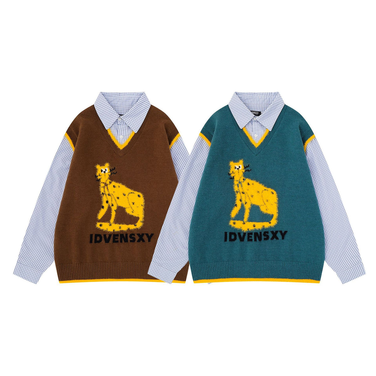 Cat Sweater for Humans – Layered Knit Vest & Plaid Shirt Two-Piece Look