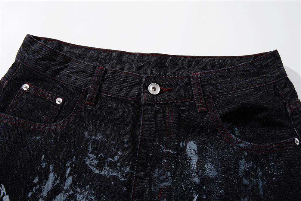 Tribal Print Baggy Jeans – Black Distressed Wide-Leg Denim