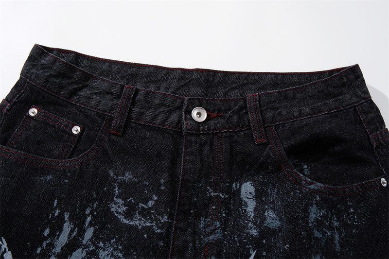 Tribal Print Baggy Jeans – Black Distressed Wide-Leg Denim