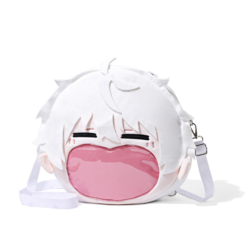 The Seakoff Blue Lock Seishiro Nagi Plush Shoulder Bag showcases a fun anime design with white hair, closed eyes, and a transparent mouth pocket. It features a white strap attached to silver hardware for easy carrying.