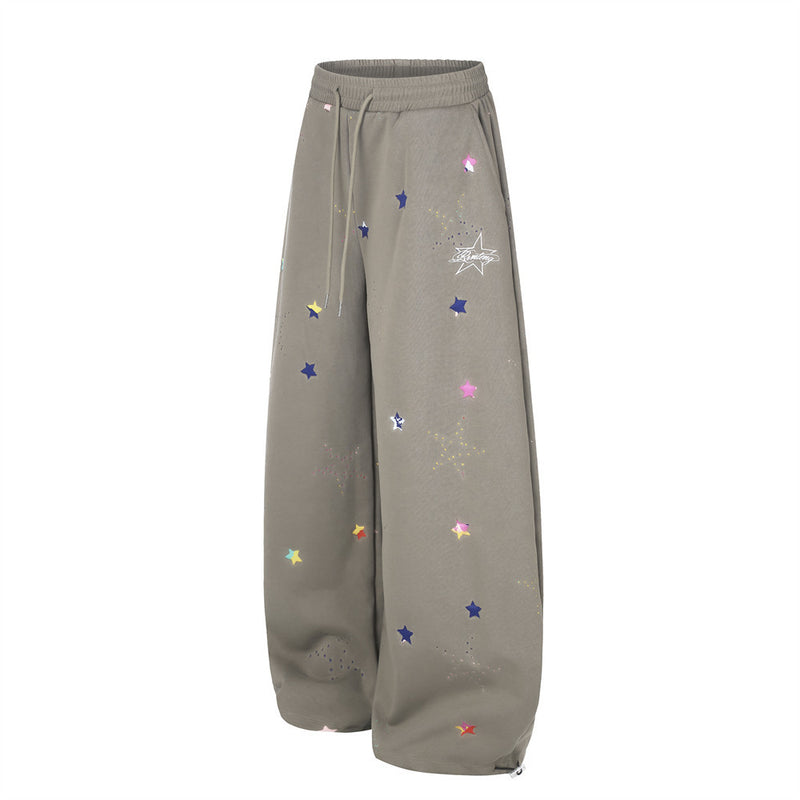 Colorful Star Print Wide-Leg Sweatpants – Relaxed Fit Curved Hem Casual Pants
