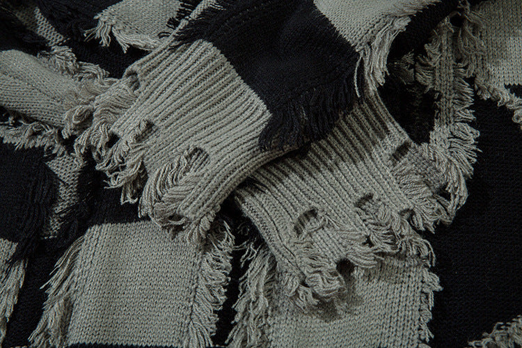 Pull oversize en maille rayée à étoiles délavée – Col rond à franges