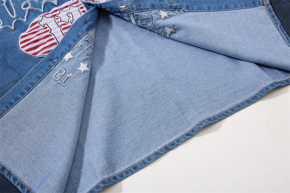 Denim Short-Sleeve Shirt – Punk Varsity Graphic Embroidery, Gradient Wash