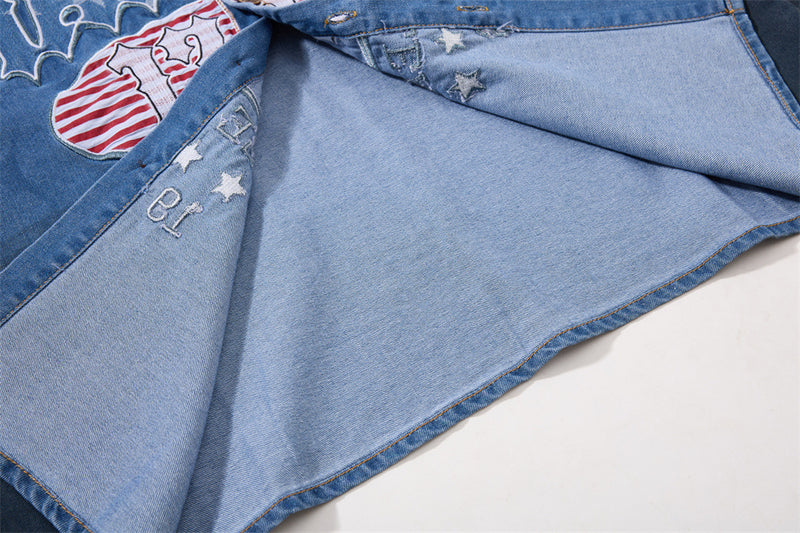 Denim Short-Sleeve Shirt – Punk Varsity Graphic Embroidery, Gradient Wash