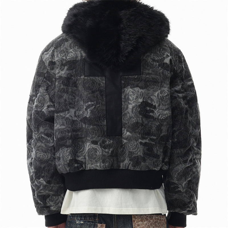Rose Camo Bomber Jacket with Faux Fur Hood Collar and Cross Back Patch