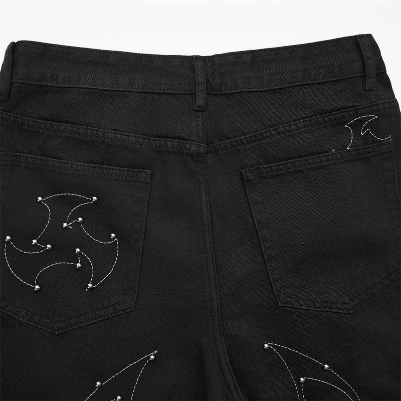 Schwarze Wide-Leg-Hose für Herren – Flammen- und Sternstickerei mit Nieten, gerade geschnitten