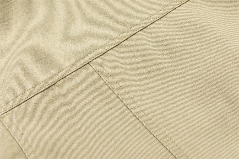 Men's Khaki Workwear Jacket – Relaxed Fit with Plaid Collar & Multi-Pocket